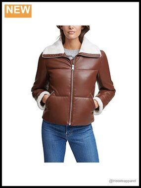 Faux Leather Puffer Jacket with Sherpa Collar - Women's Long Sleeve Quilted